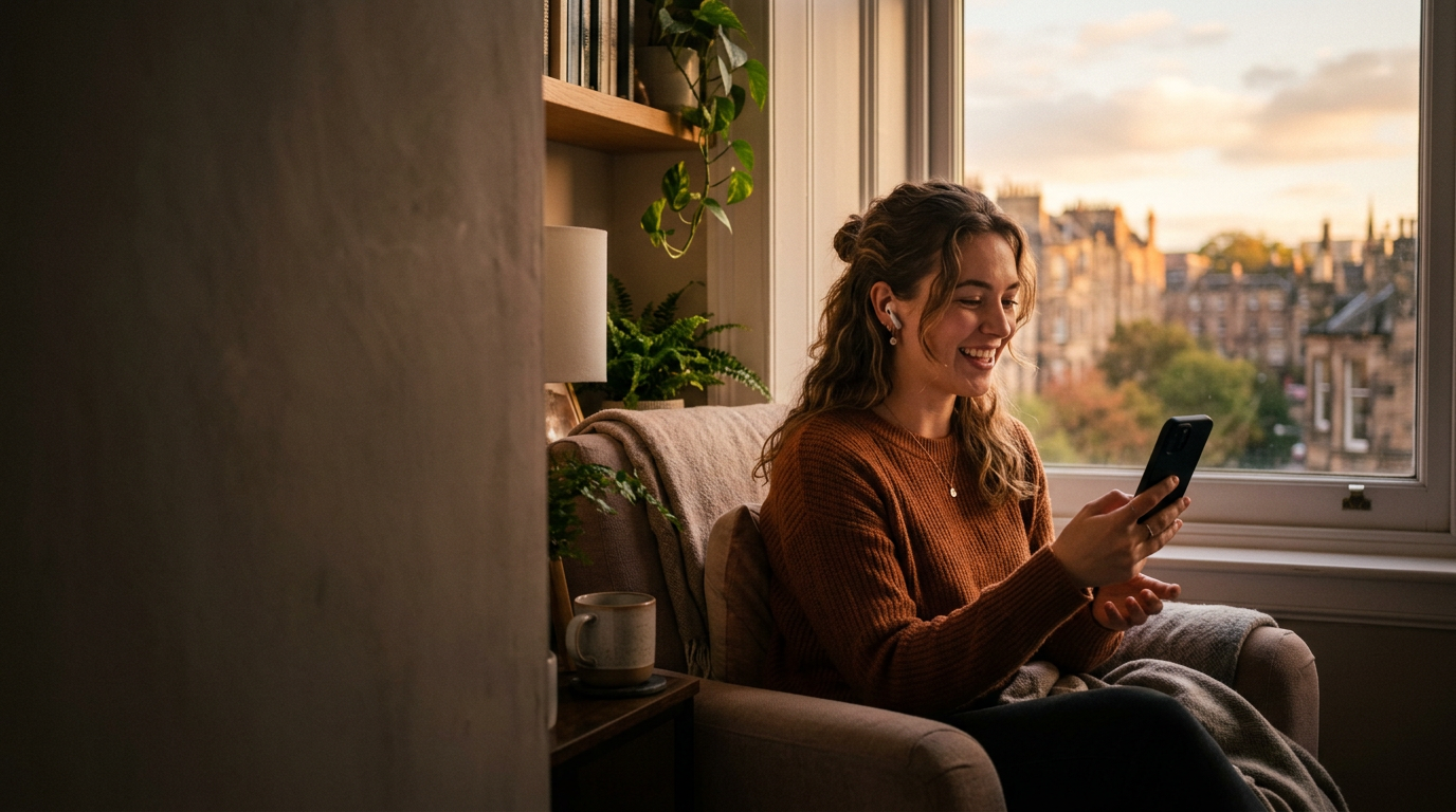 A woman smiling as she talks to her phone by a window at golden hour